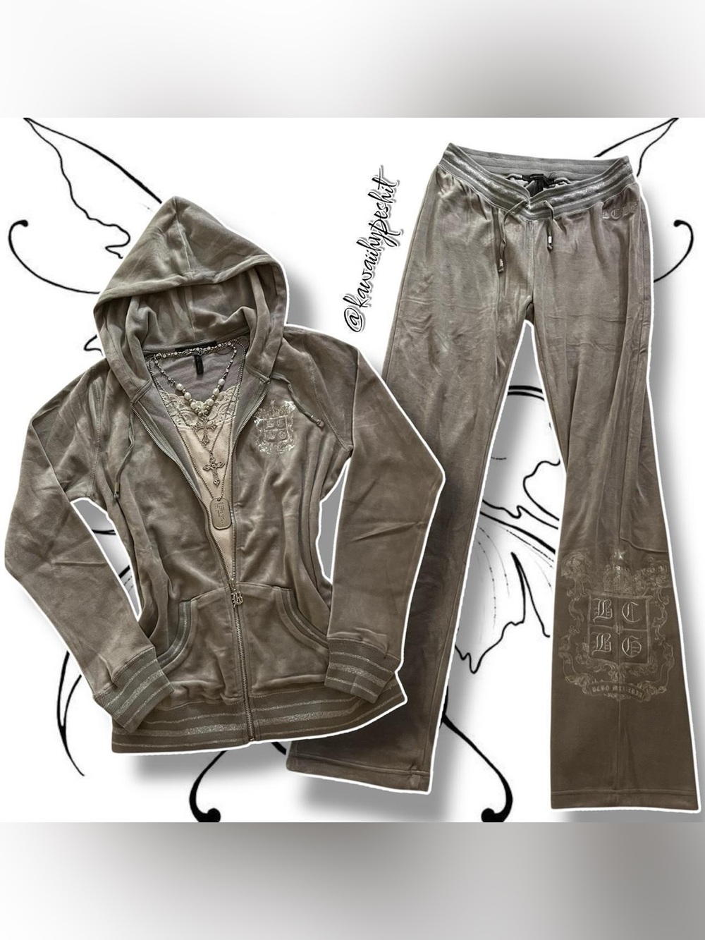 Vintage Y2K BCBG Tracksuit "Light Grey w/ Silver Metallic Graphics"
